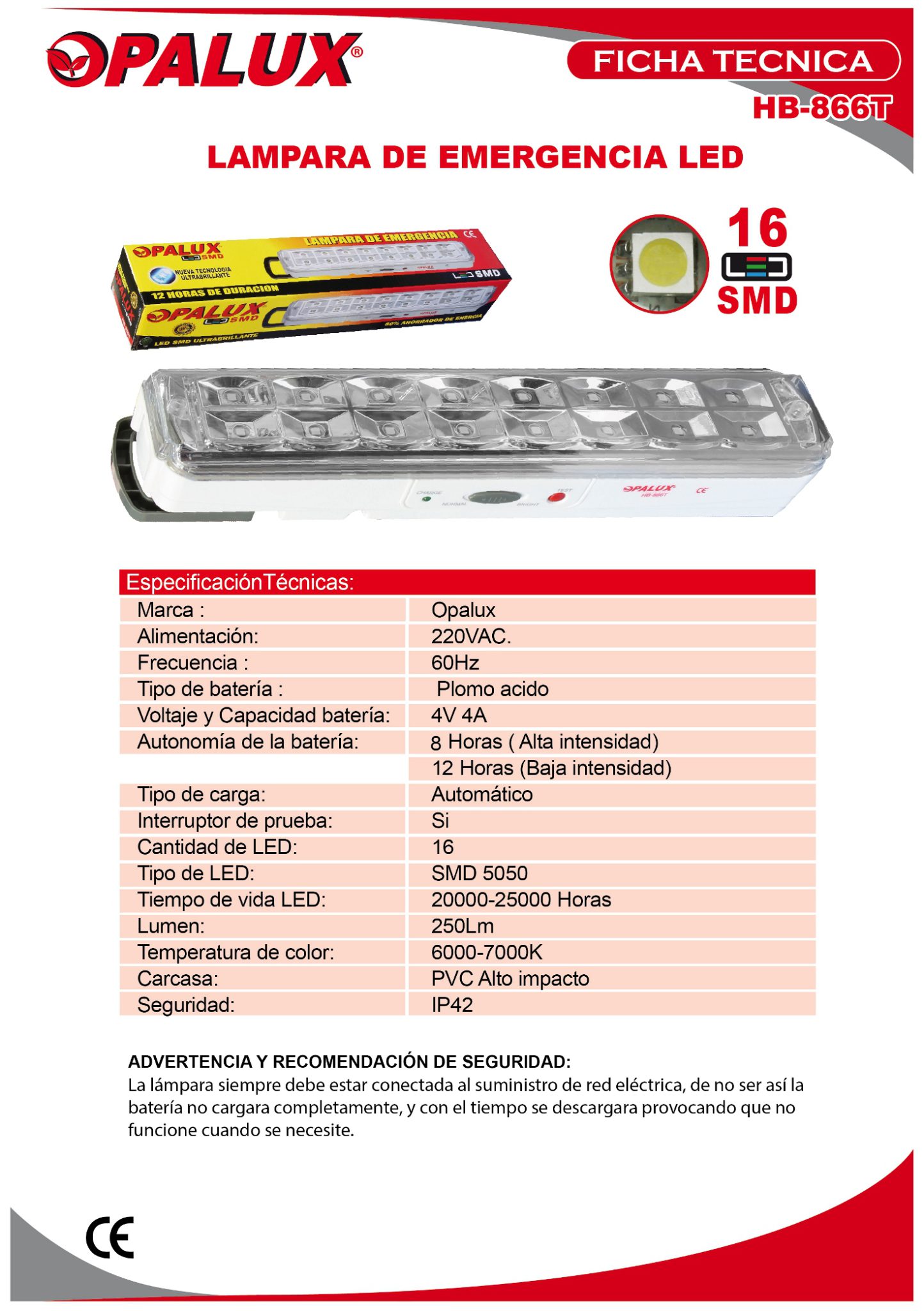 Lampara de Emergencia Opalux HB866T, 16 Led SMD al por mayor