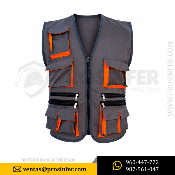 Chaleco Multibolsillo Gris/Naranja